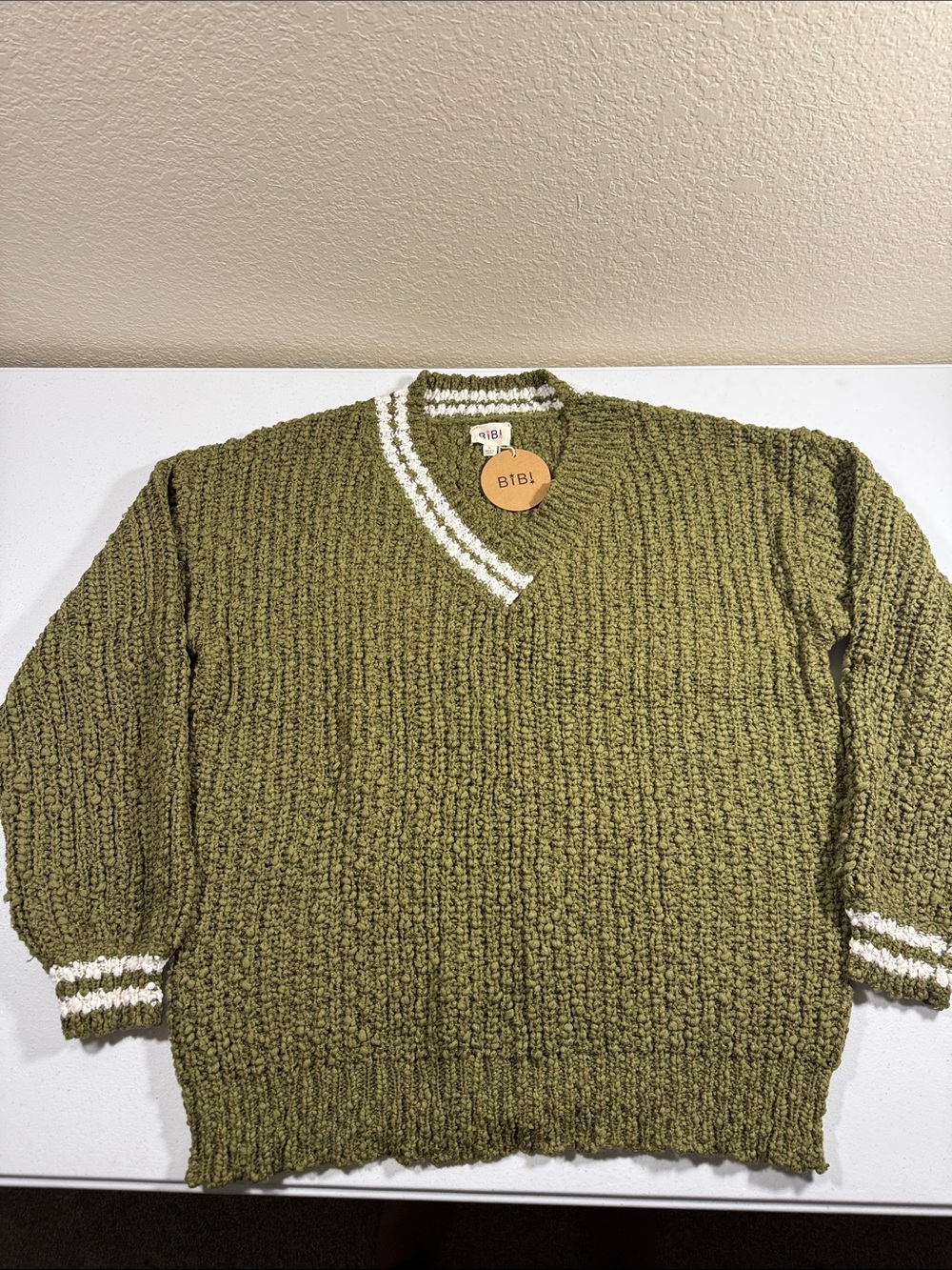 BiBi Olive Green V-Neck Chunky Knit Sweater with White Trim